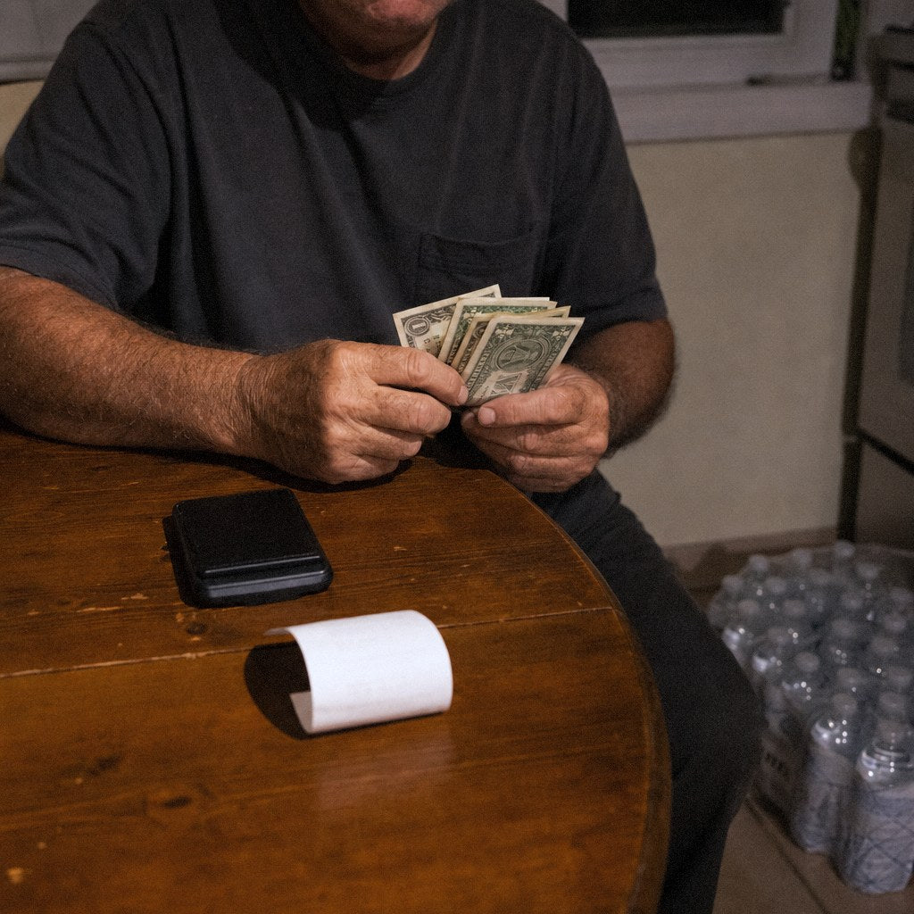 Counting cash at a kitchen table next to a case of bottled water