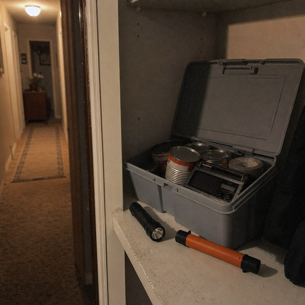 An emergency bin on a hallway closet shelf with a survival straw beside it
