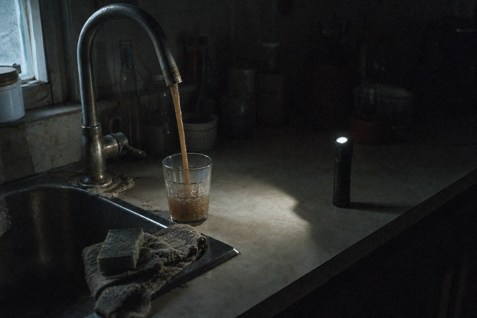 Rusty brown water pouring from a kitchen tap into a glass during a water advisory