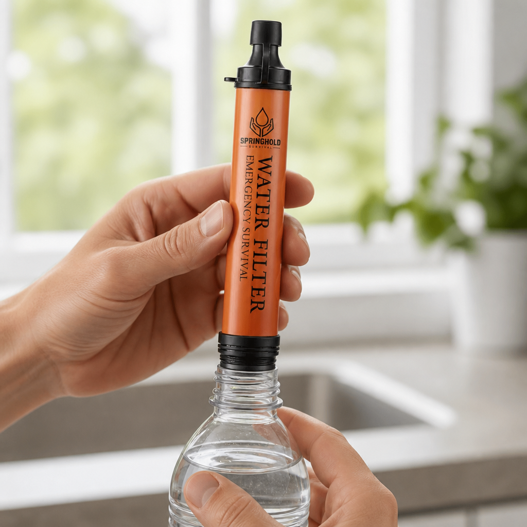 A survival straw threaded onto a standard water bottle