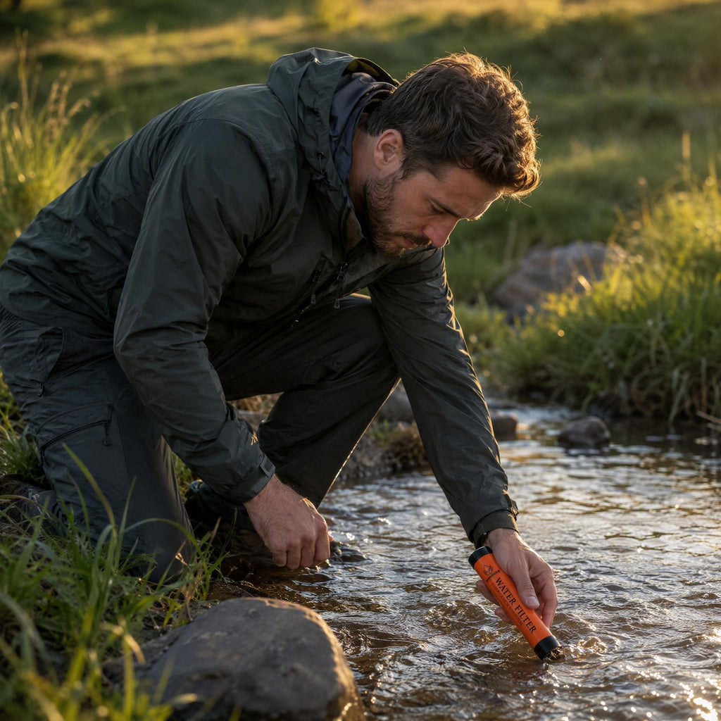 Drinking filtered water directly from a creek with the SpringHold straw
