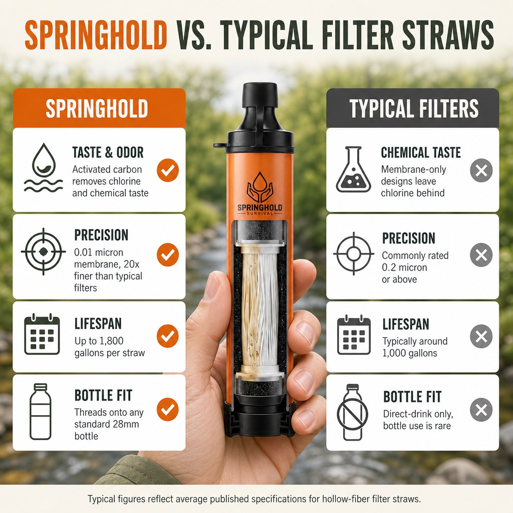SpringHold vs typical filter straws — taste and odor, precision, lifespan and bottle fit comparison