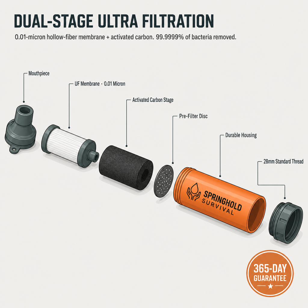 SpringHold dual-stage ultra filtration exploded view — 0.01-micron hollow-fiber membrane plus activated carbon, 365-day guarantee
