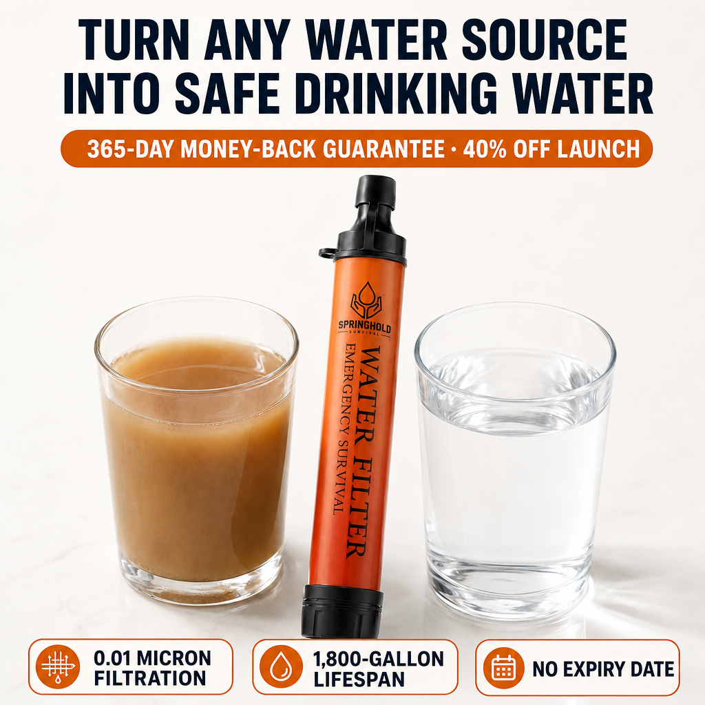 SpringHold Survival Straw turns any water source into safe drinking water — 0.01 micron filtration, 1,800-gallon lifespan, no expiry date
