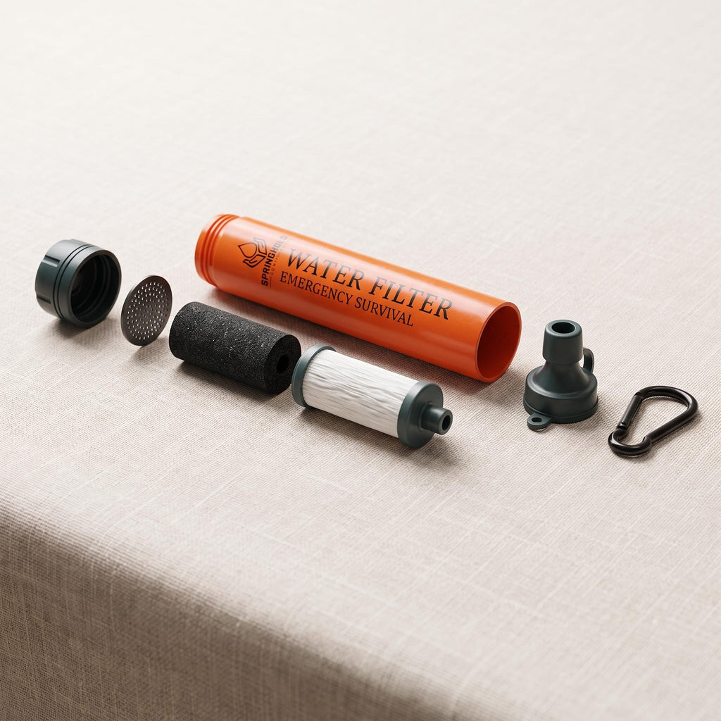 Exploded view of the SpringHold straw filter components