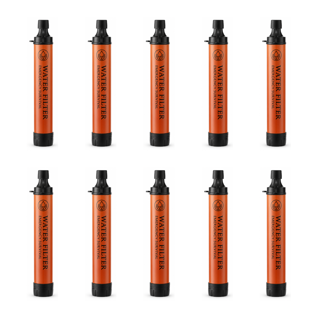 SpringHold Survival Straw 10-Pack — ten orange filter straws on white background
