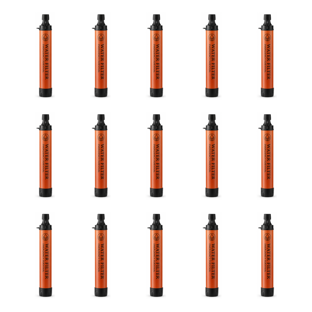 SpringHold Survival Straw 15-Pack — fifteen orange filter straws on white background