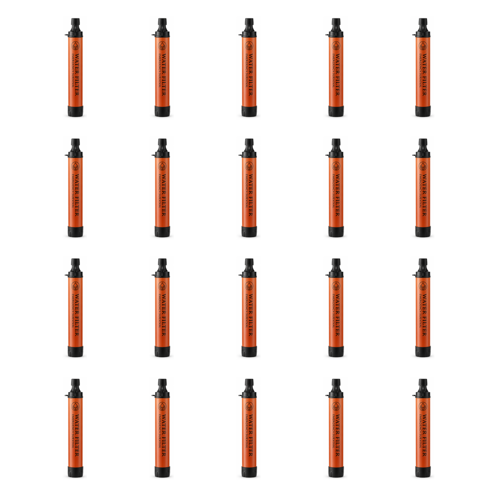 SpringHold Survival Straw 20-Pack — twenty orange filter straws on white background