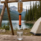 Gravity setup — murky water dripping through the SpringHold straw into a clear glass at a campsite