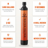 SpringHold Survival Straw key specs — 1,800-gallon lifespan, 2 oz, 99.9999% bacteria removal, 3 seconds to use, 0 skill needed, never expires