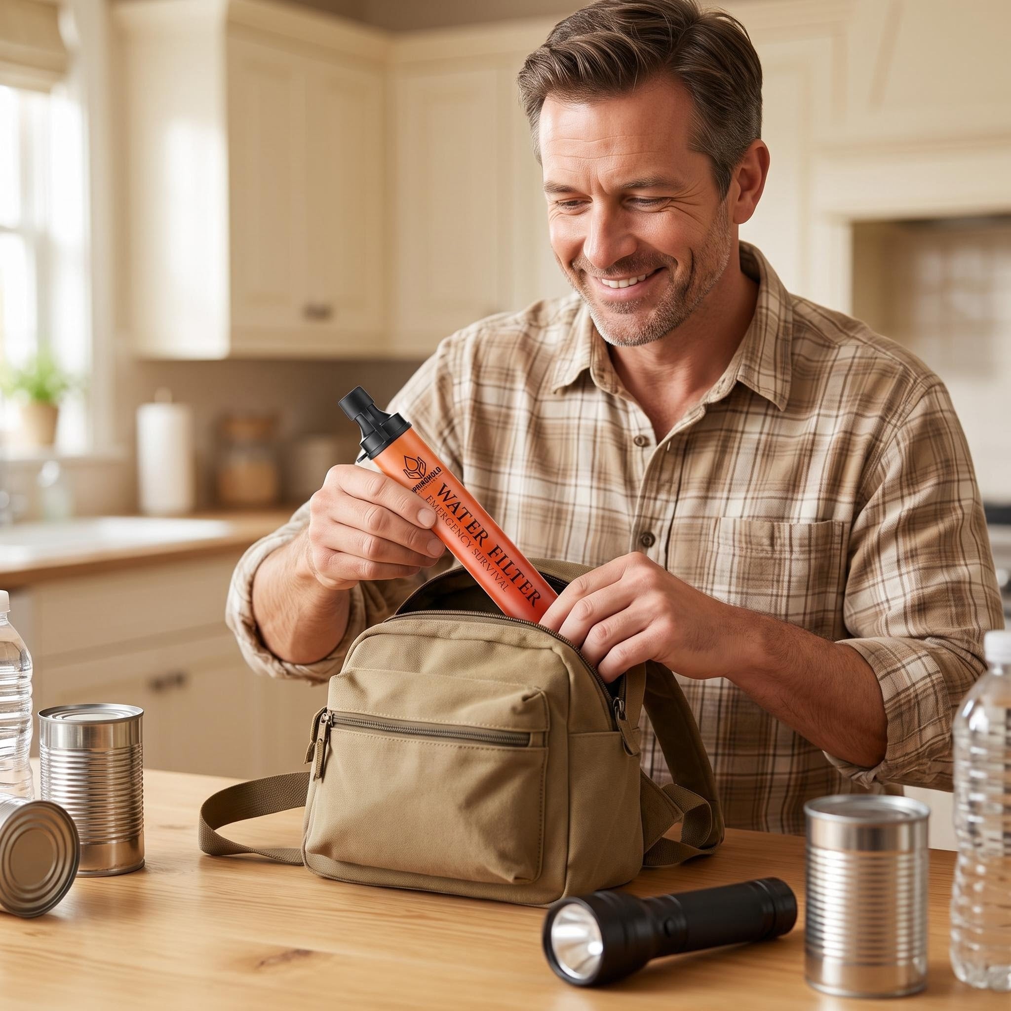 Family preparing supplies during a power outage