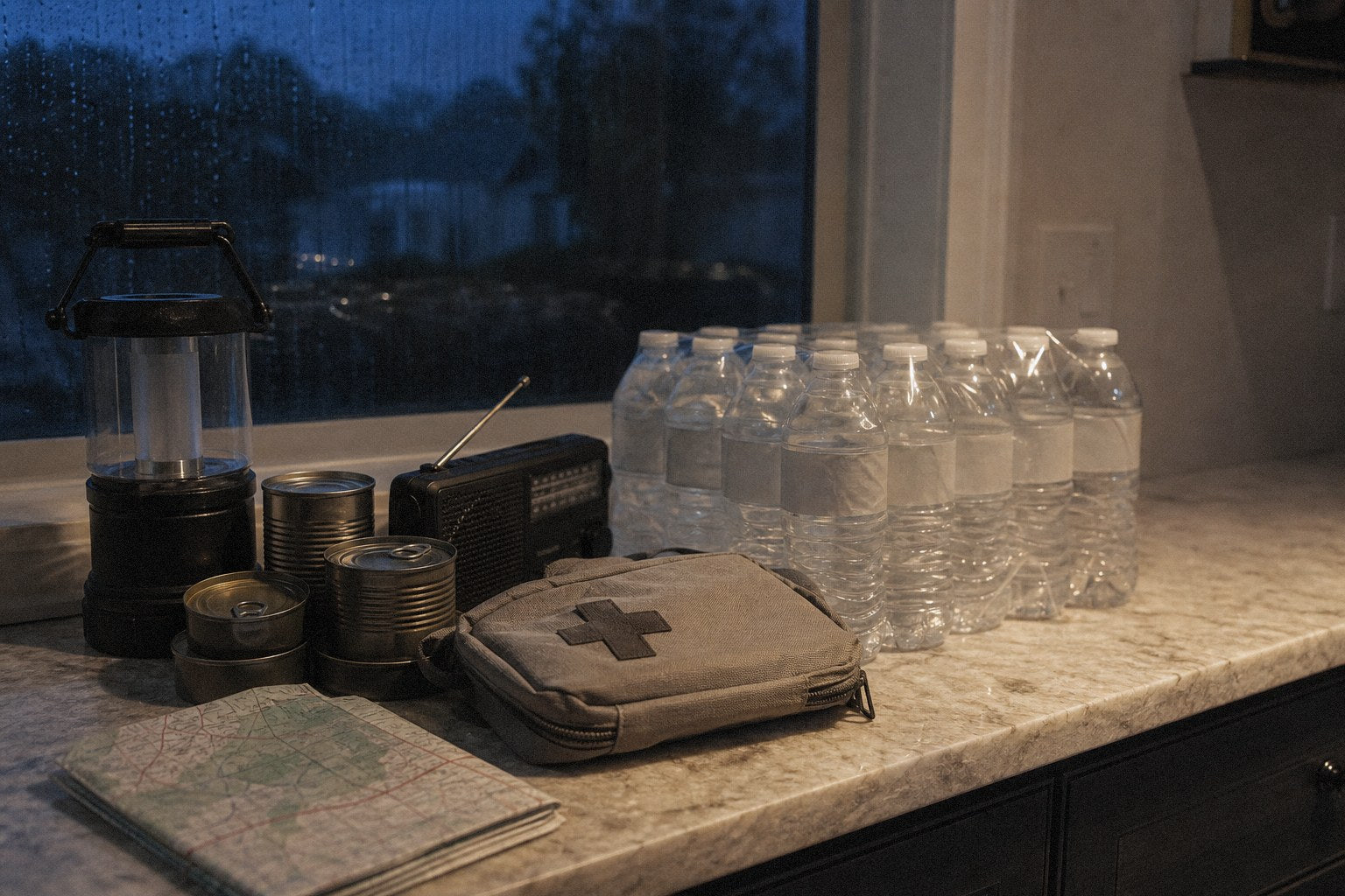Emergency supplies laid out on a kitchen counter on a rainy evening: lantern, radio, canned food and water